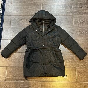 SEBBY Black Hooded Puffer Coat with Tie Belt